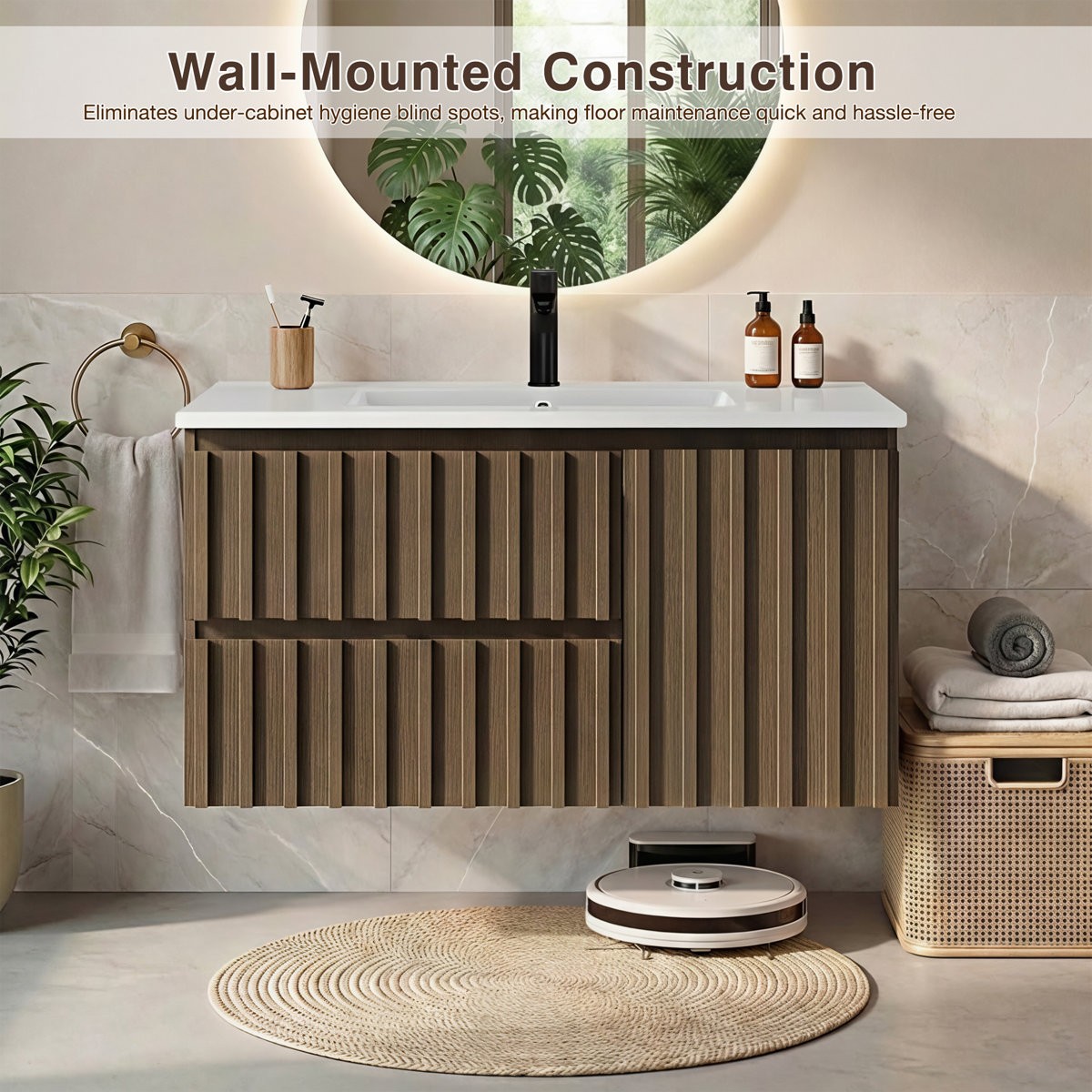 36″ Floating Bathroom Vanity with Ceramic Sink Wall Mounted Soft Close Drawers