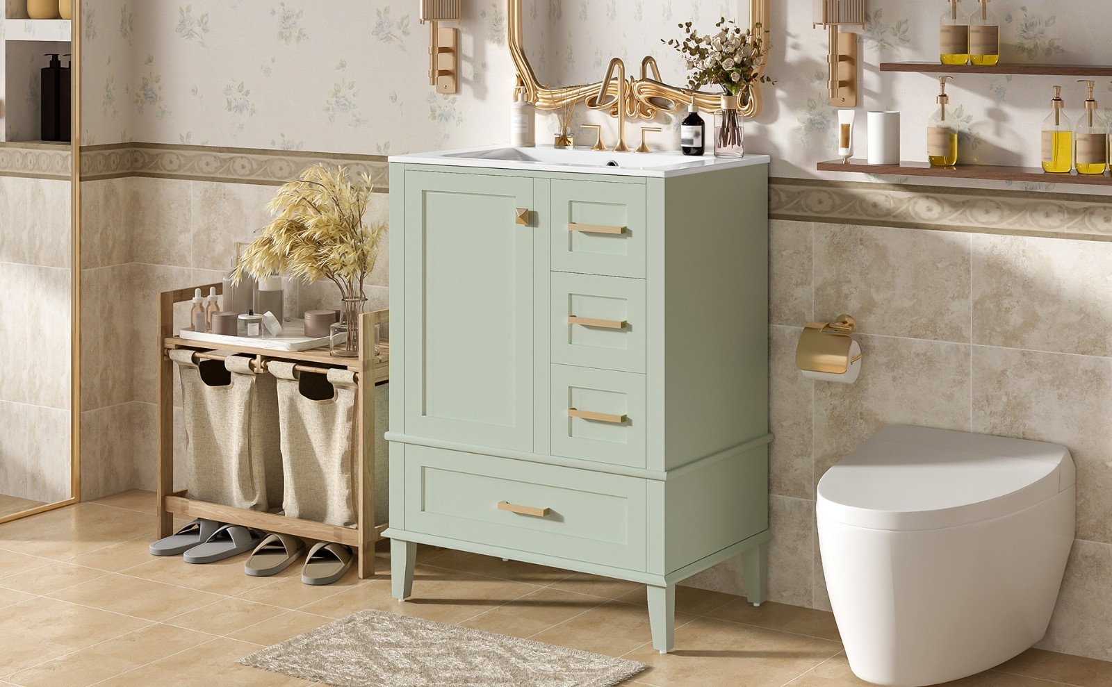 24.8″ Bathroom Vanity with Ceramic Sink,Freestanding Storage Cabinet w/Drawers