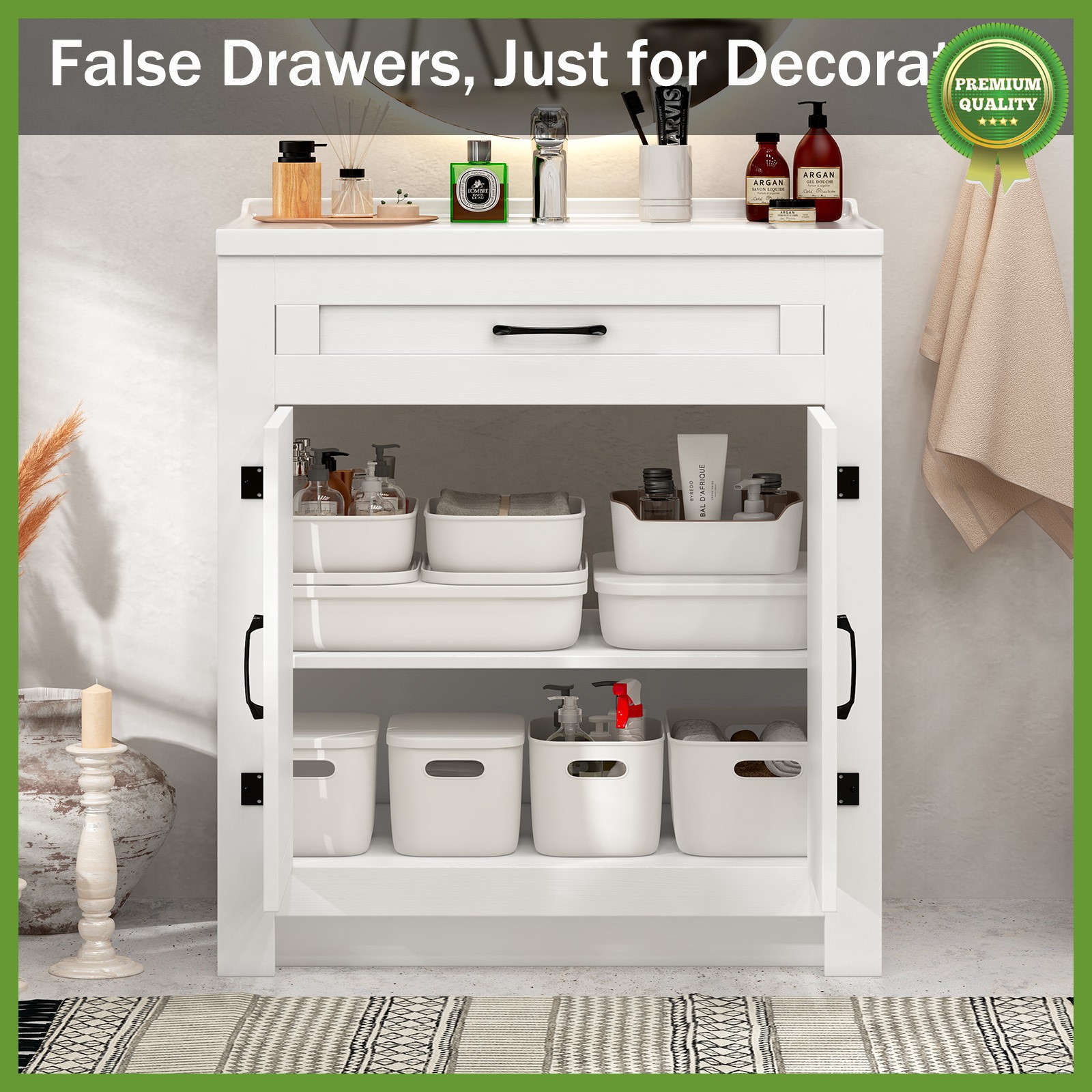 31” White Wood Bathroom Vanity Combo with Drop in Ceramic Sink Storage Cabinet