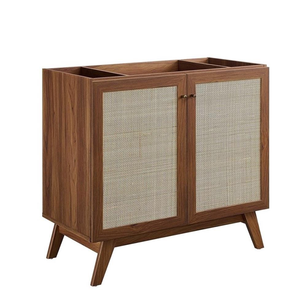 Pemberly Row 36″ Modern Wood Bathroom Vanity Cabinet with Rattan Door in Walnut