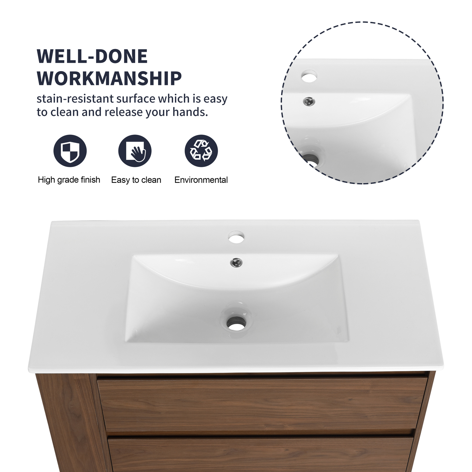36″ Floating Wall Mounted Bathroom Vanity Cabinet Ceramic Sink Side Shelf Brown