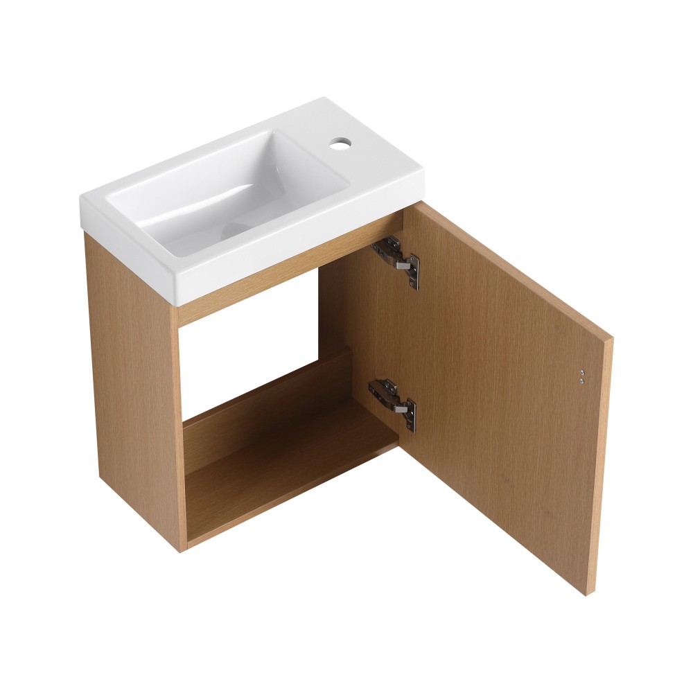 18.5-inch wall-mounted bathroom vanity overhangs to save space