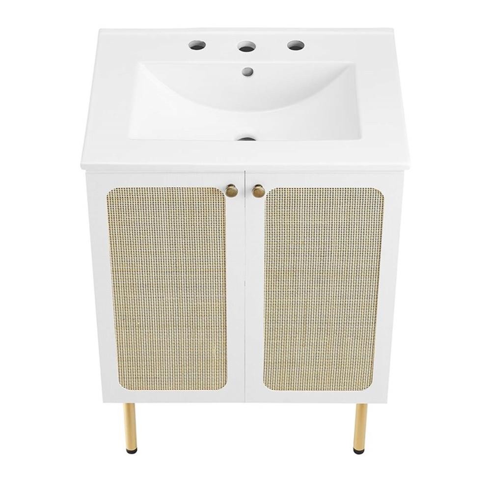 Pemberly Row 24″ Wood & Rattan Bathroom Vanity with Adjustable Shelf in White