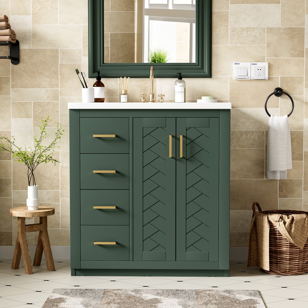 Solid Wood Bathroom Vanity w/ Ceramic Sink, 3 Drawers & Soft-Close Doors