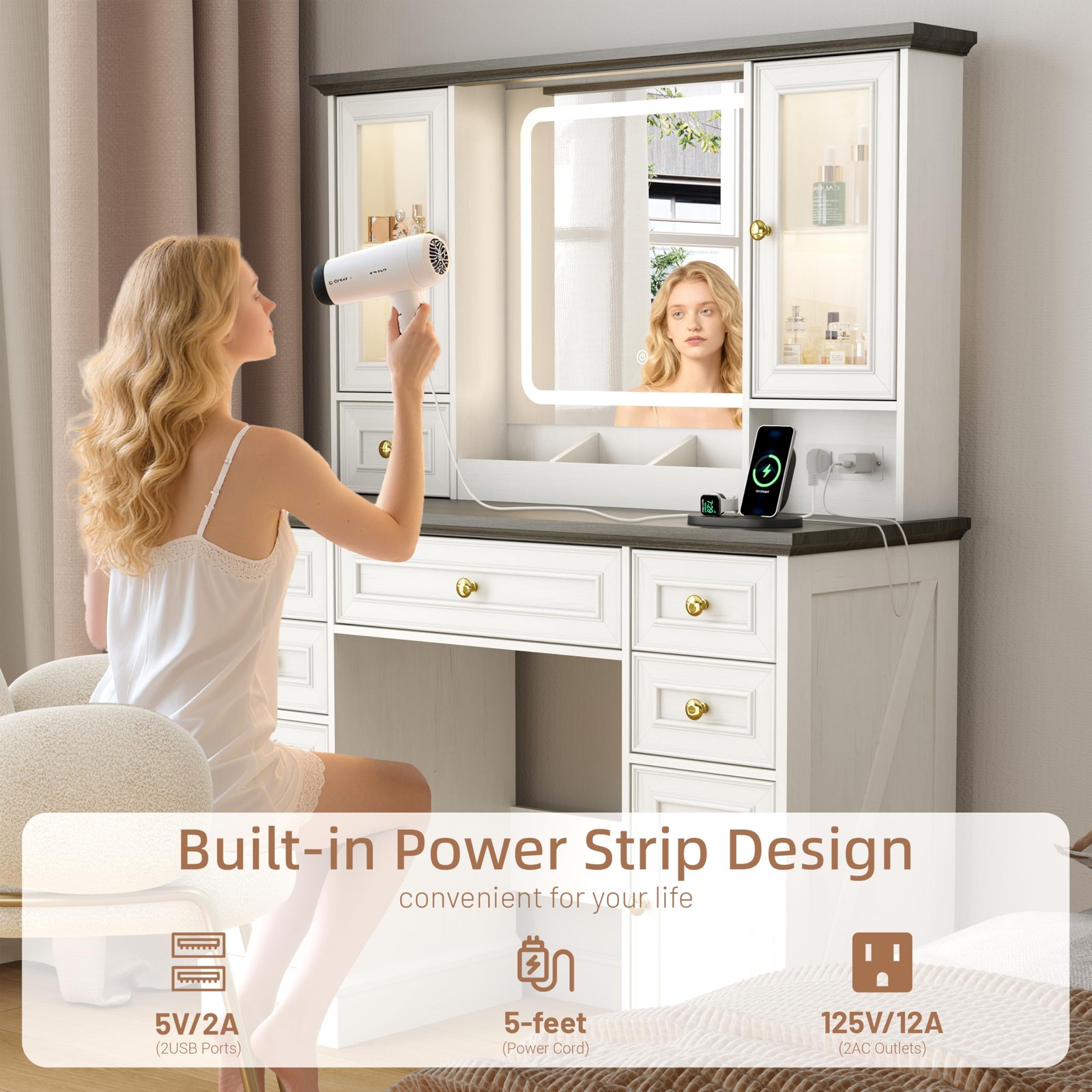 Farmhouse Vanity Desk with Mirror Lights Power Outlet USB 6 Drawers 4 Cabinets