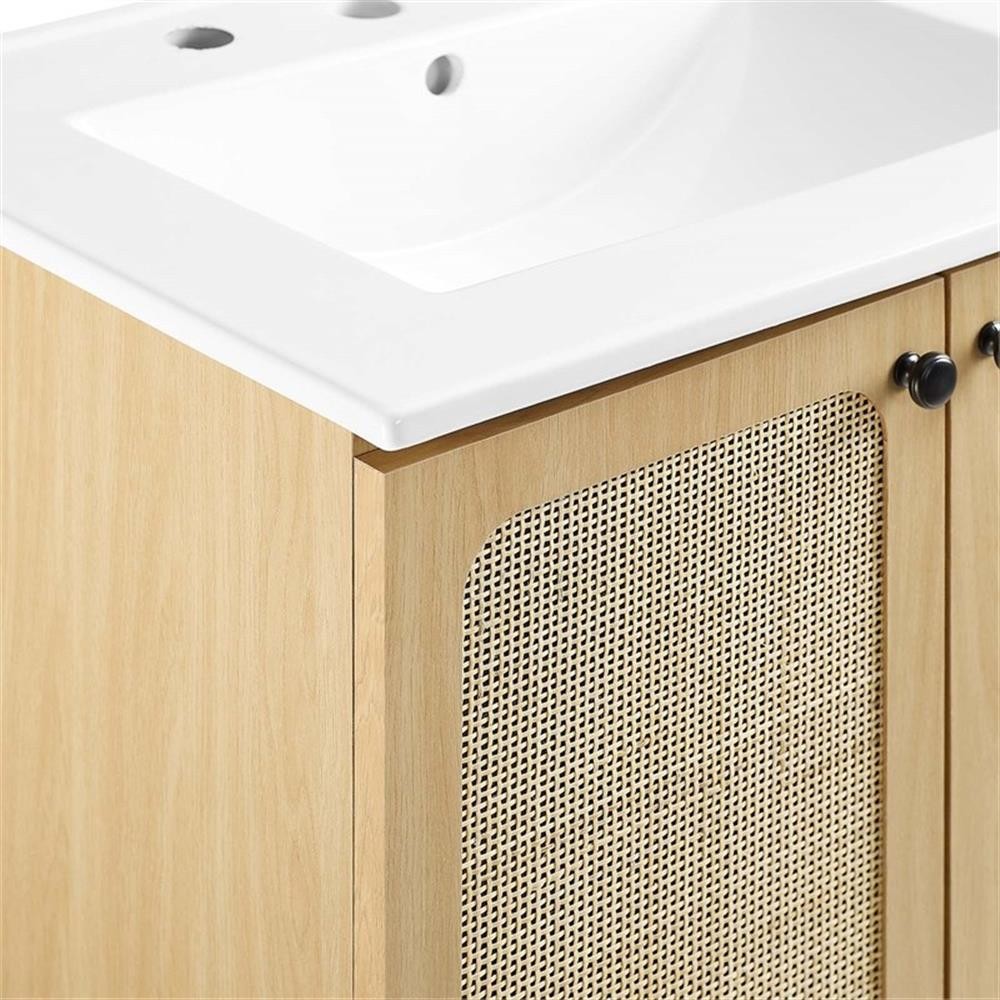 Pemberly Row Contemporary 24″ Wood & Rattan Bathroom Vanity in Oak/White