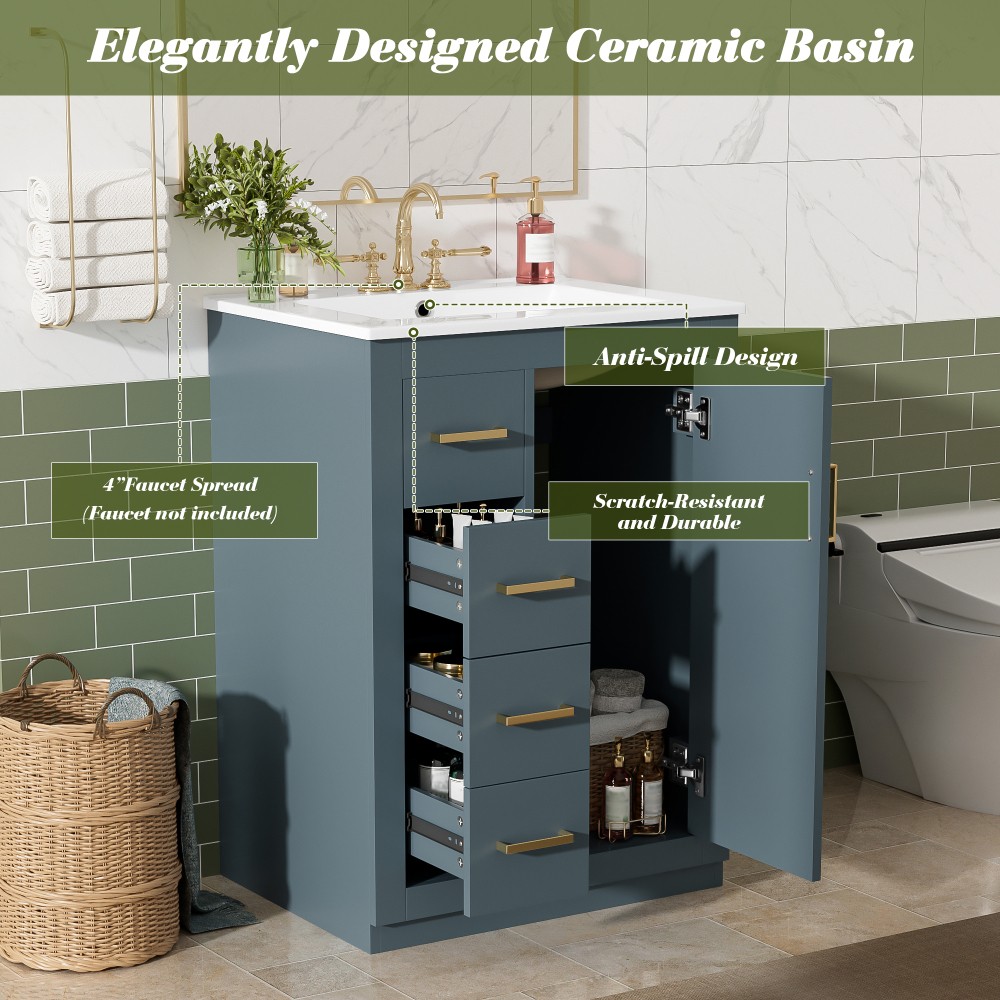 24 Inch Single Sink Bathroom Vanity Ceramic Top Drawers Storage Cabinet