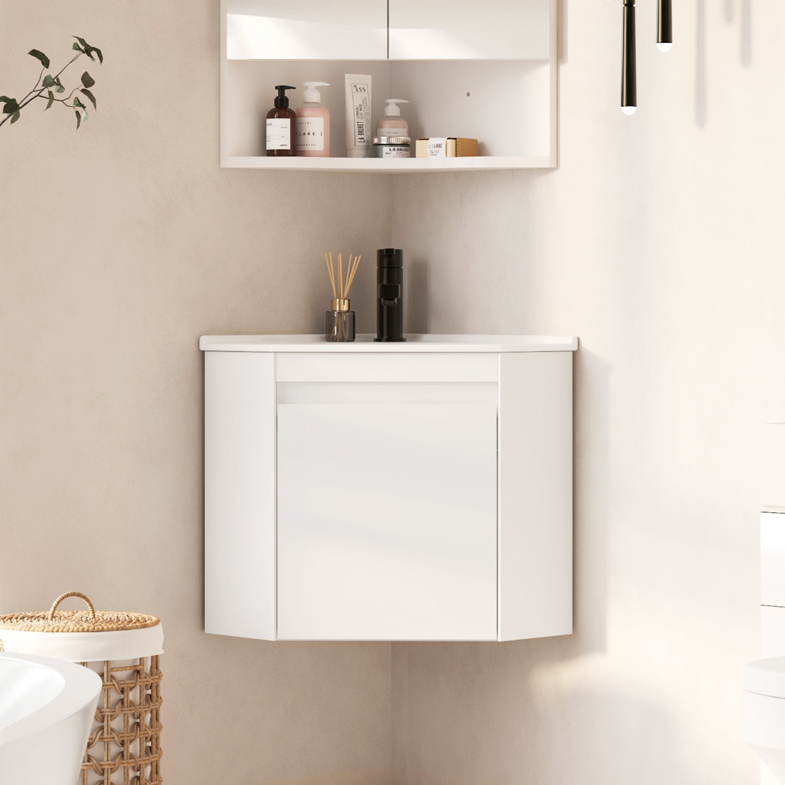 24″ Corner Bathroom Vanity Sink Cabinet Wall Mount Floating for Small Bathroom