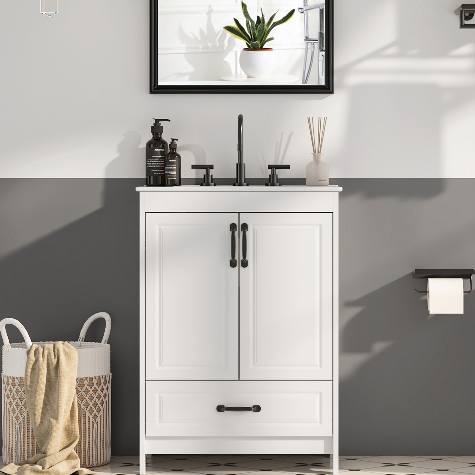 24″ Bathroom Vanity with Ceramic Sink Freestanding Storage Cabinet w/Drawer