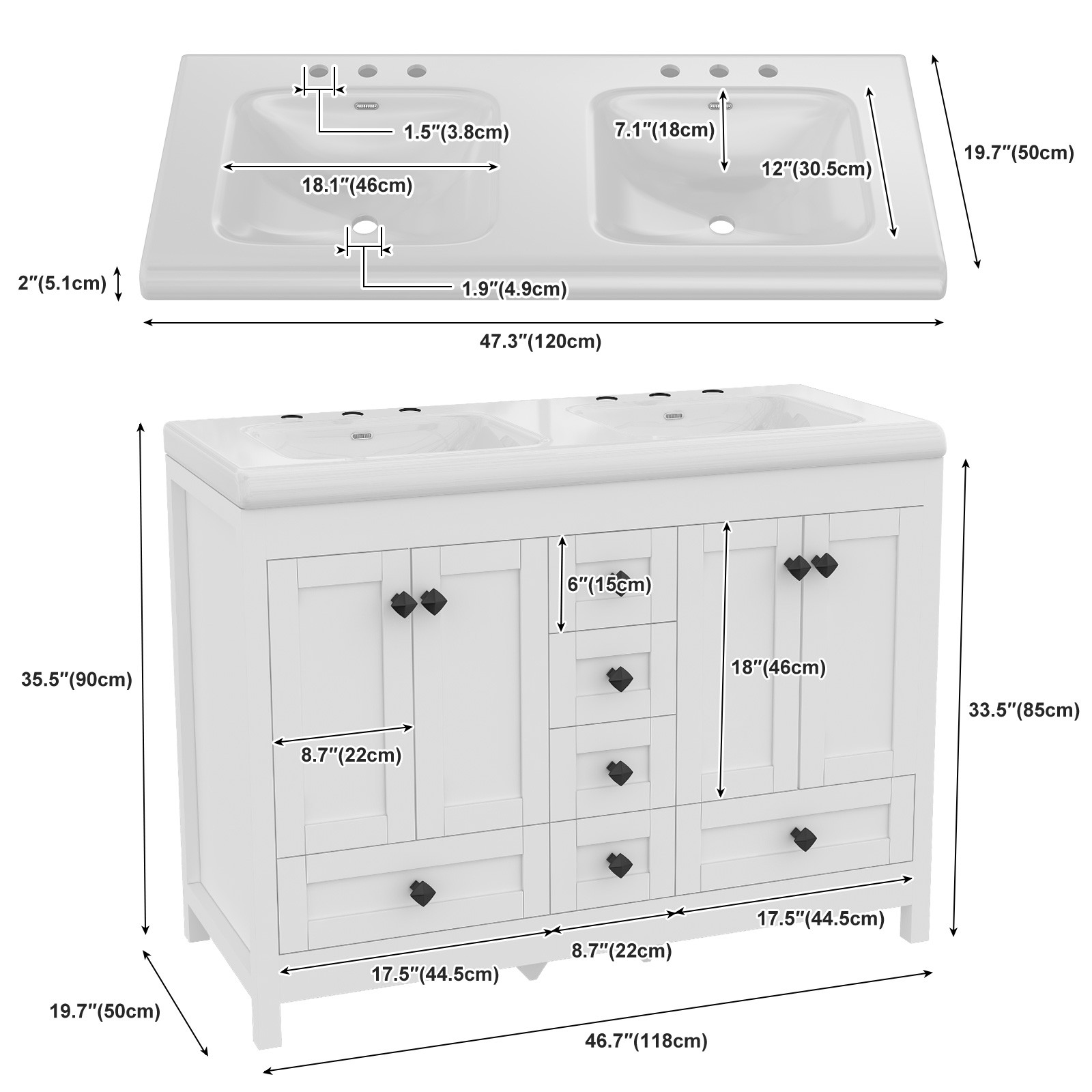 47 Inch Bathroom Vanity with Sink Freestanding Storage Cabinet with 6 Drawers