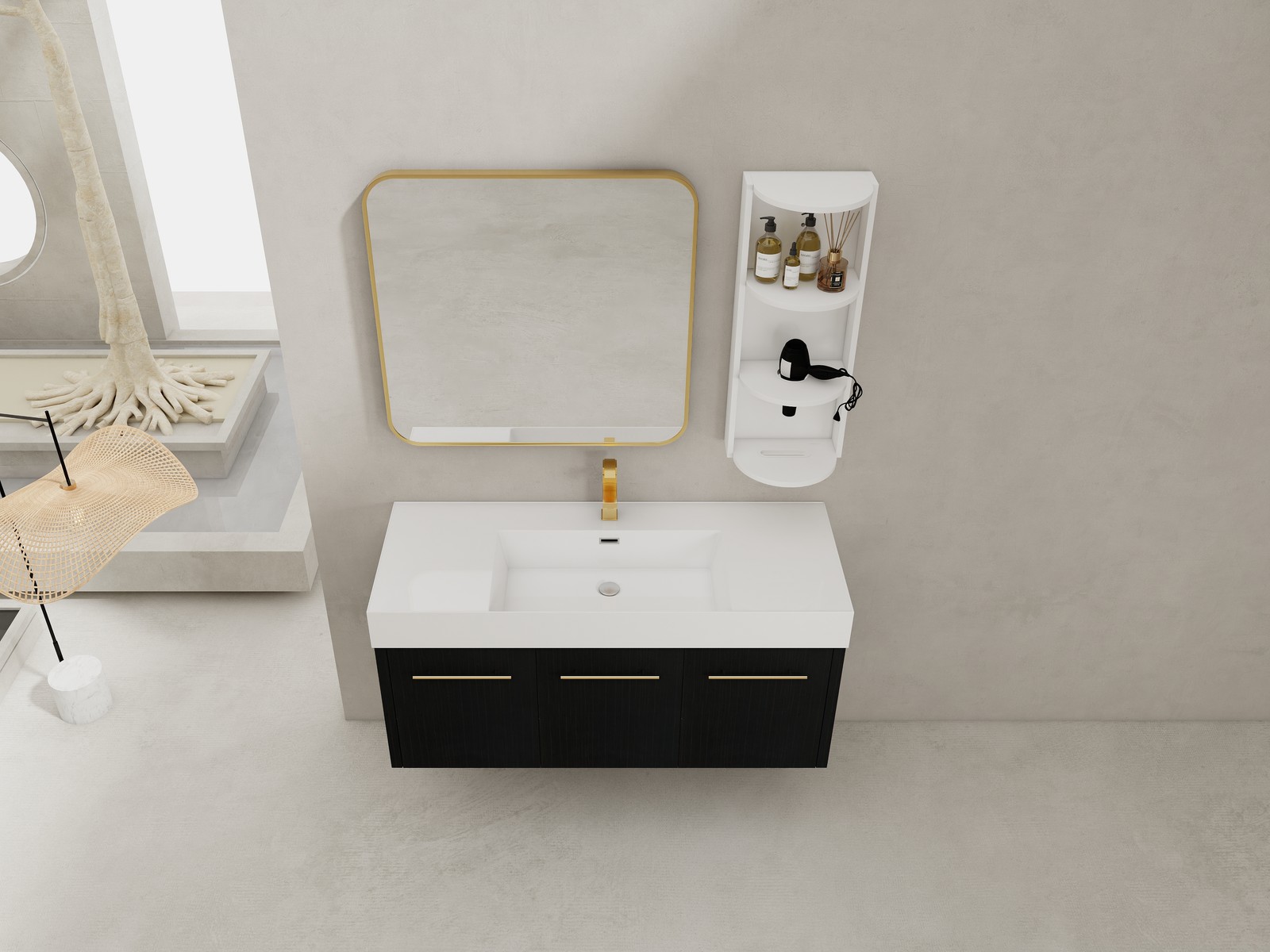 48 Inch Plywood Wall-Mounted Bathroom Vanity with Resin Sink + Side Storage Rack