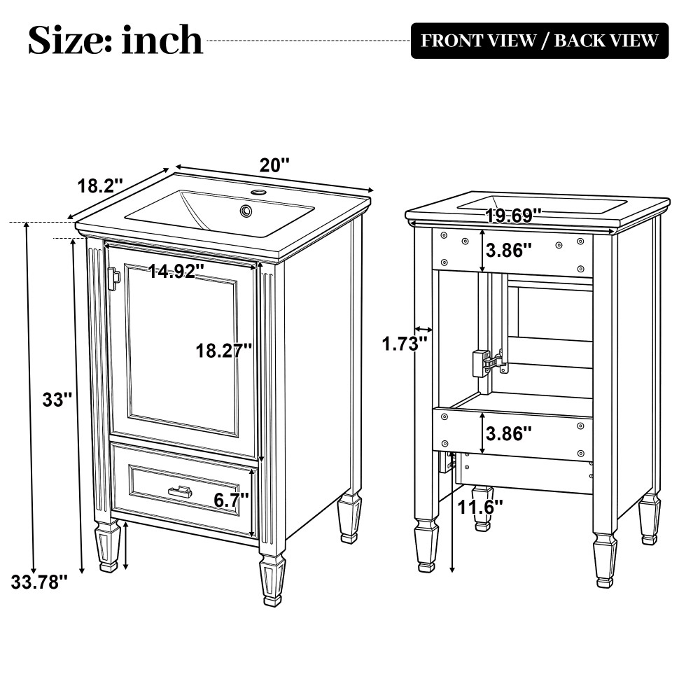 20″ Green Bathroom Vanity, Ceramic Sink, Solid Wood Legs, Soft-Close, Storage
