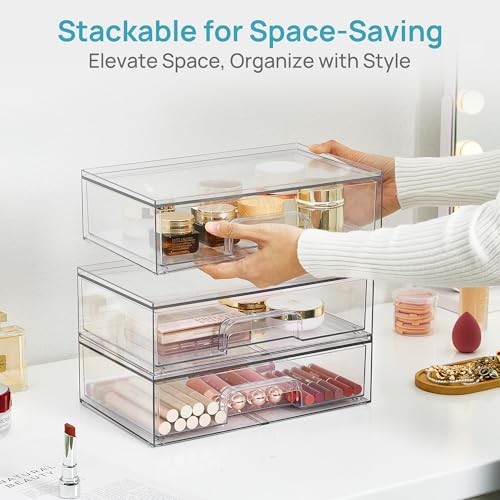 12.1”W Clear Stackable Storage Drawers – 2 Pack Acrylic Plastic – Wide