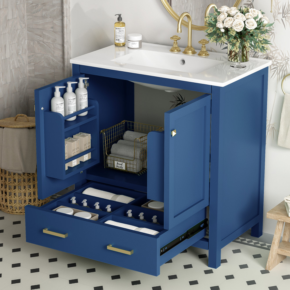30″ Transitional Bathroom Vanity,Ceramic Sink,2 Door Cabinet & Drawer,Solid Wood