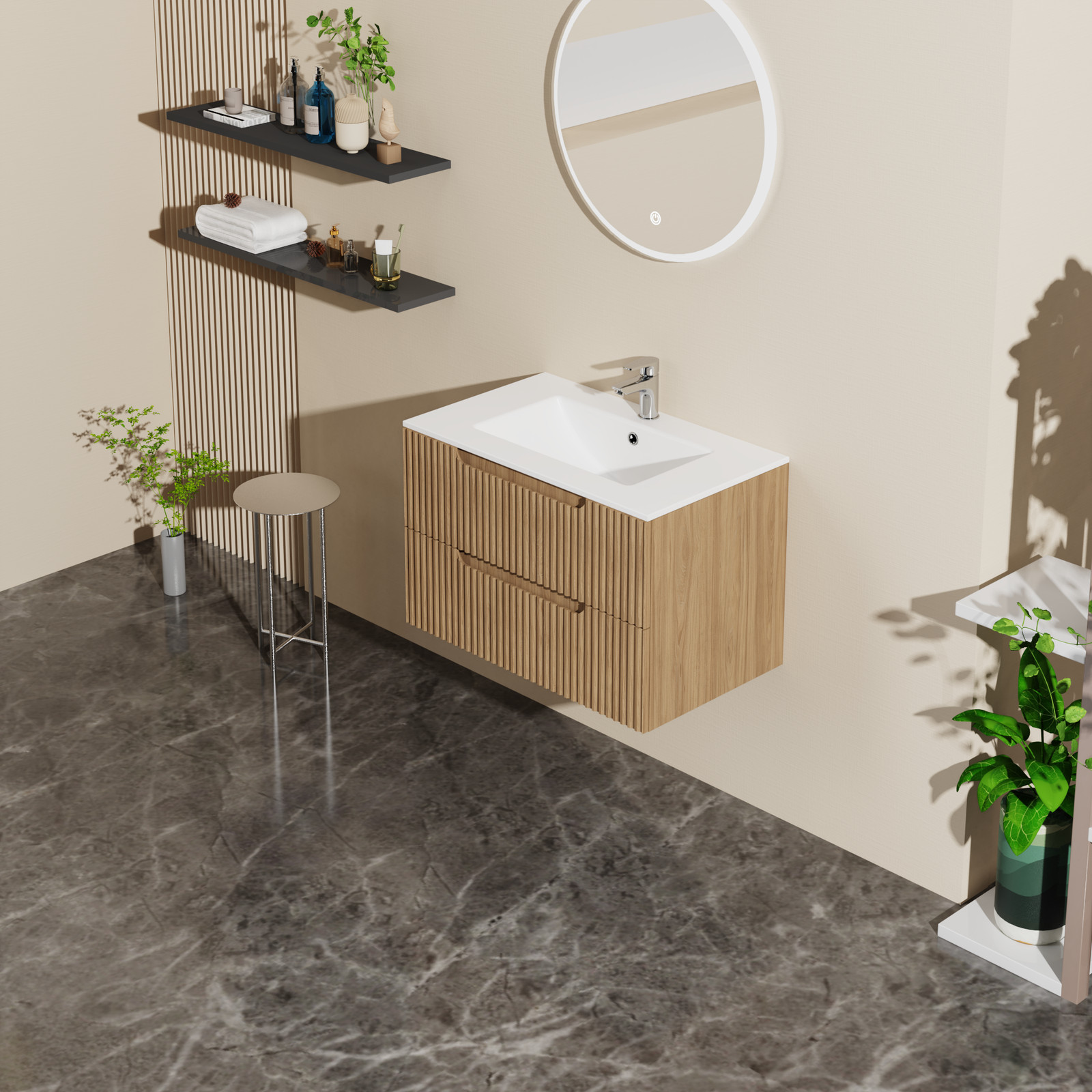 Wall Mounted Bathroom Vanity 30″W x 18.5″D x 19″H, Walnut, 2 Drawers, Soft-Close