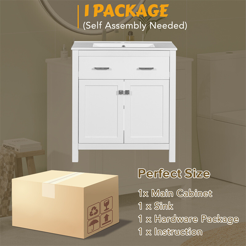 30-inch White Bathroom Vanity w/Ceramic Sink,Soft Close Doors & Flip-out Drawer