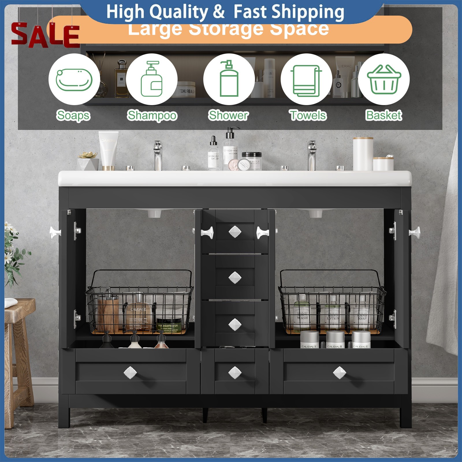 Bathroom Vanity Freestanding Double Basin Ceramic Sink Vanity Cabinet w/ Drawers