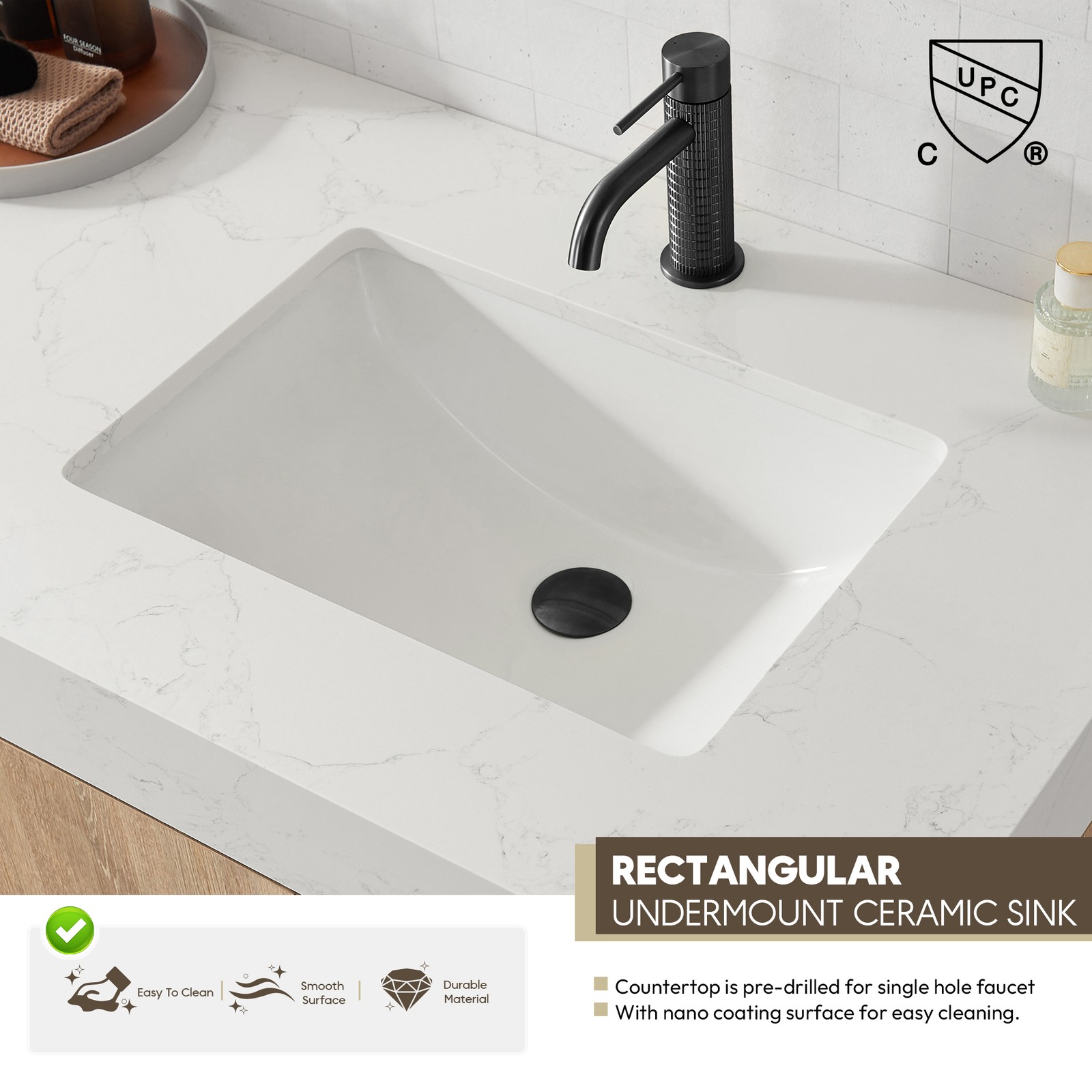 Vinnova Alistair 36″ White Stone Top Oak Single Vanity Black Frame w/o Mirror