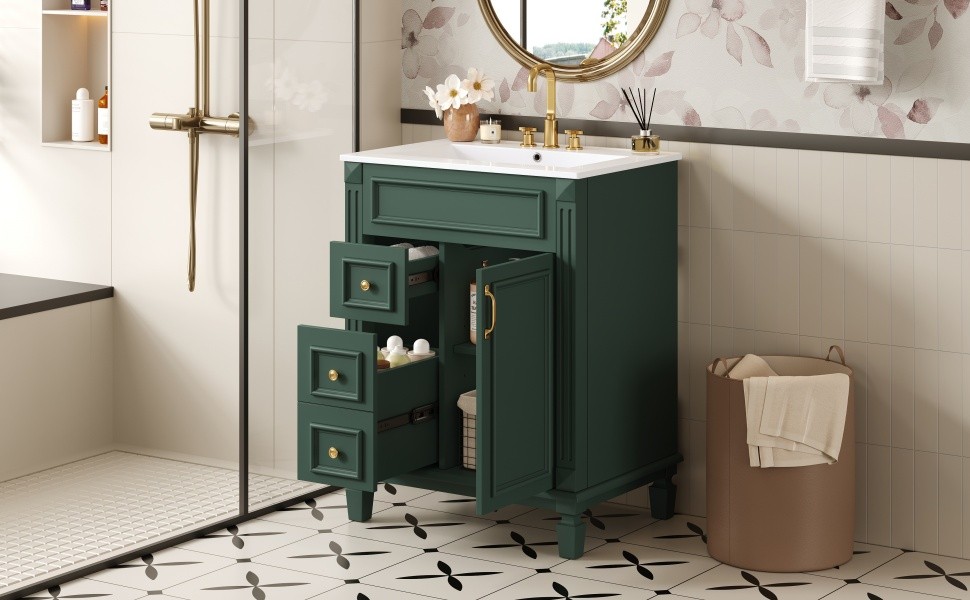 24″ Bathroom Vanity with Ceramic Sink, 2 Drawers, Adjustable Shelf