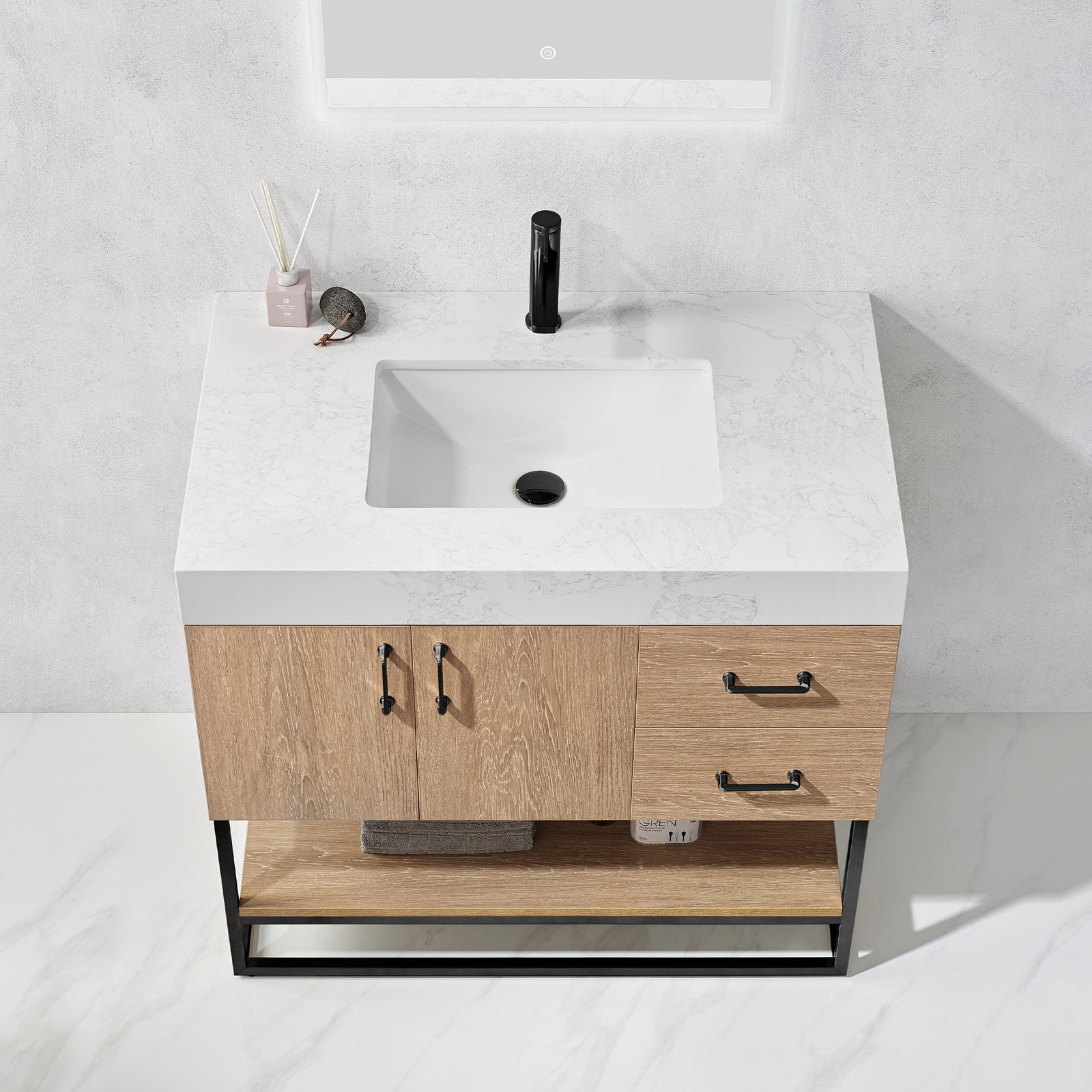 Vinnova Alistair 36″ White Stone Top Oak Single Vanity Black Frame w/o Mirror