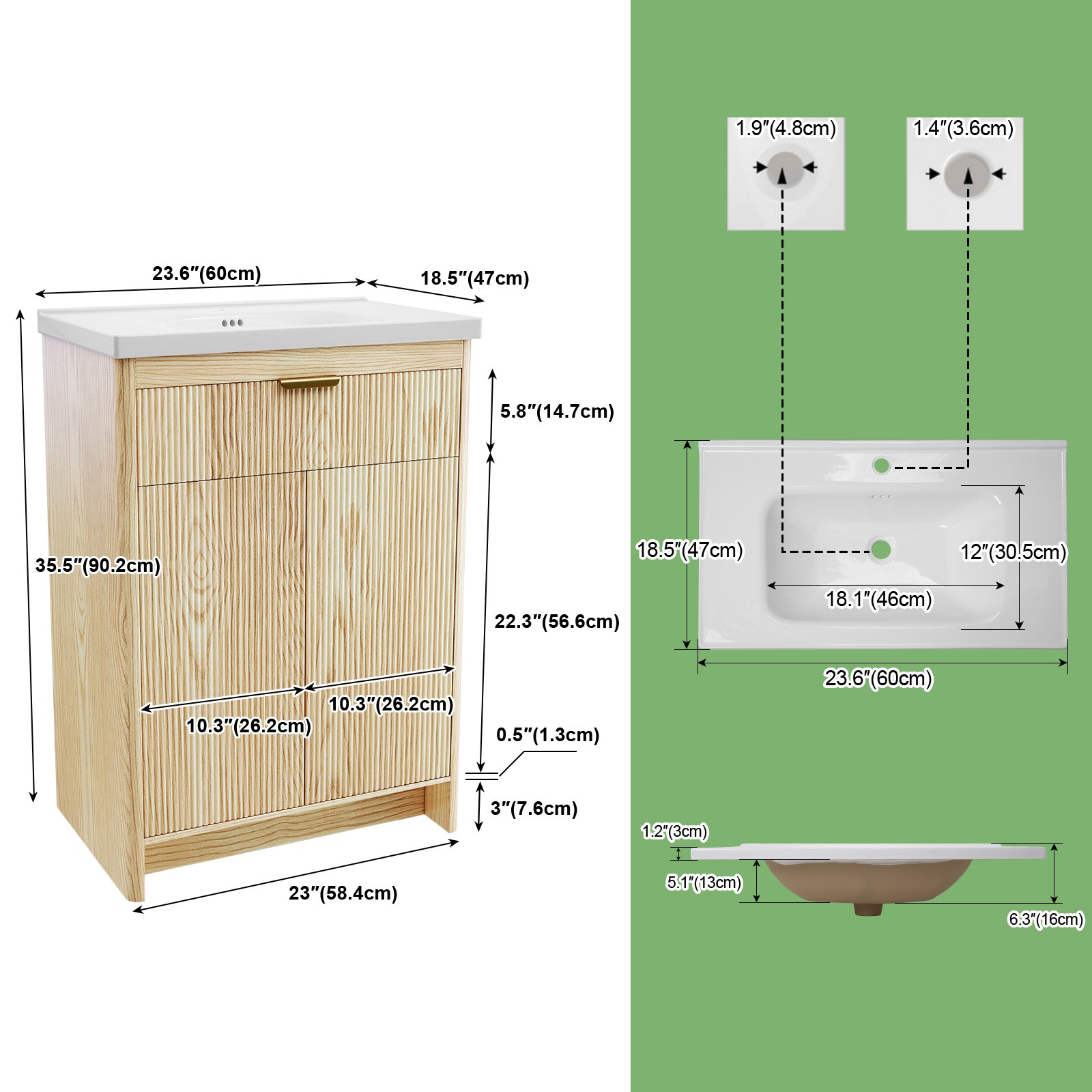 23.6 Inch Elegant Bathroom Vanity Set with Solid Wood Frame with Ceramic Sink