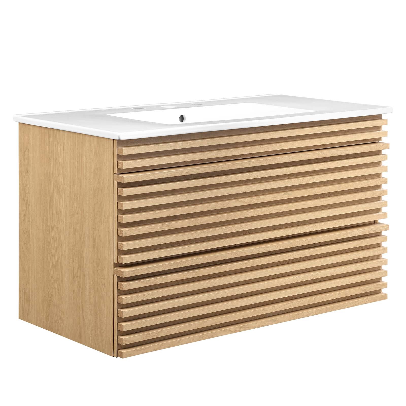Modway Render 36″ Wall-Mount Bathroom Vanity in Oak White