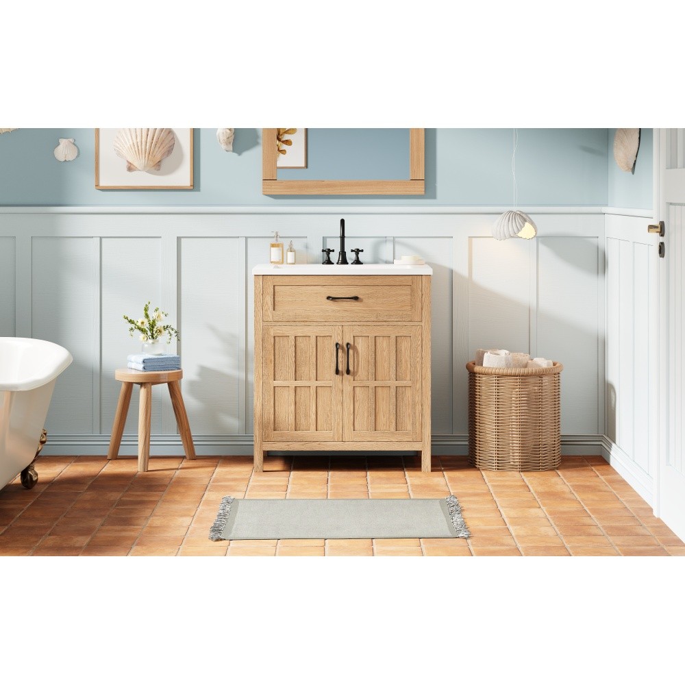 30″ Bathroom Vanity Resin Sink, Solid Wood, Adjustable Shelf & Door Organizers