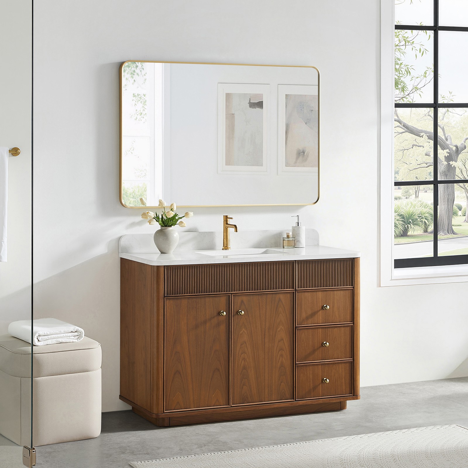 Zogno 48″ Single Sink Bath Vanity in Natural Walnut with White Grain Stone Top