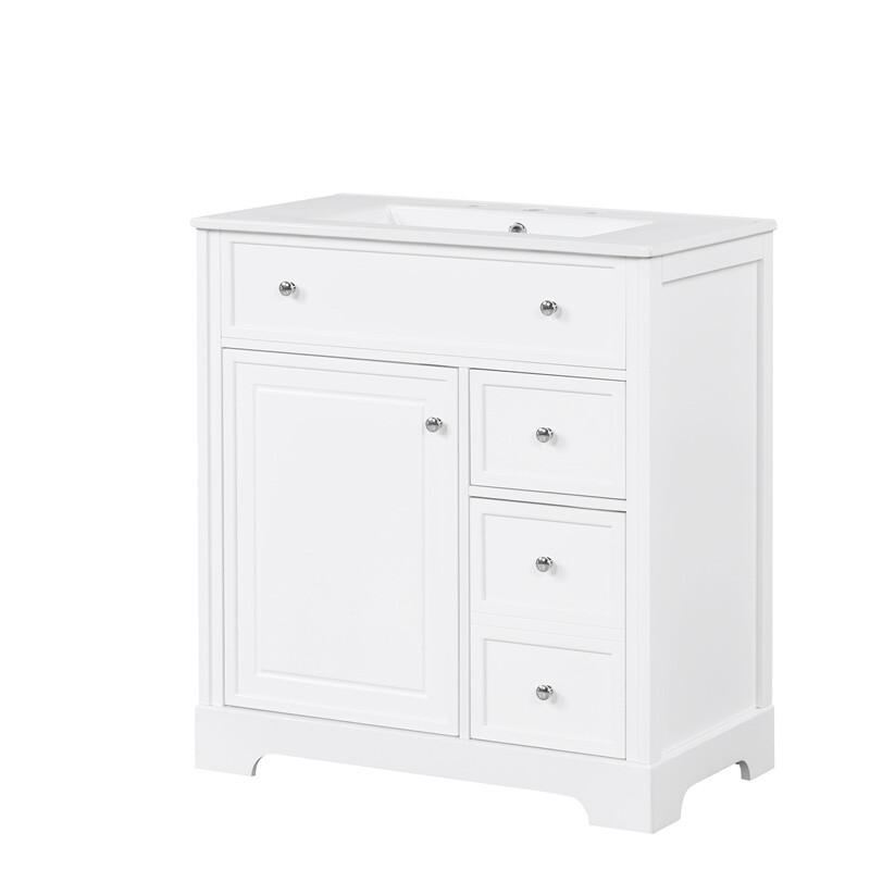 30″ White Bathroom Vanity with Ceramic Sink Set Storage Cabinet w/Door & Drawers