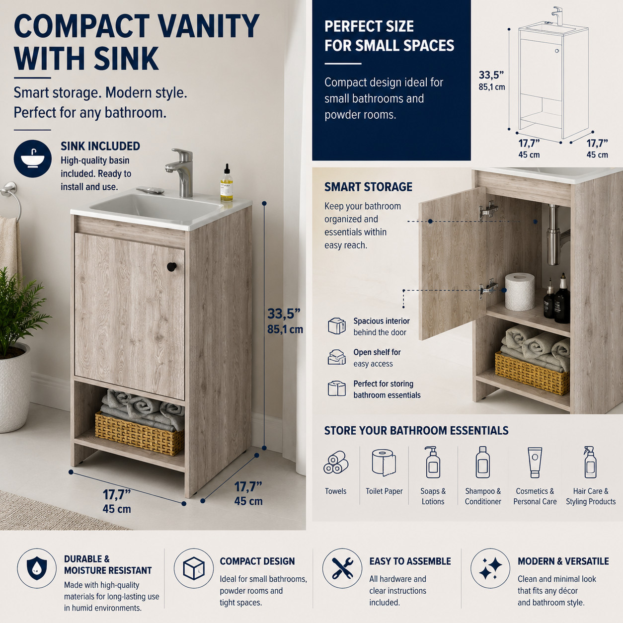 Malibu Single Sink Bathroom Vanity Combo, 45″W, Light Gray