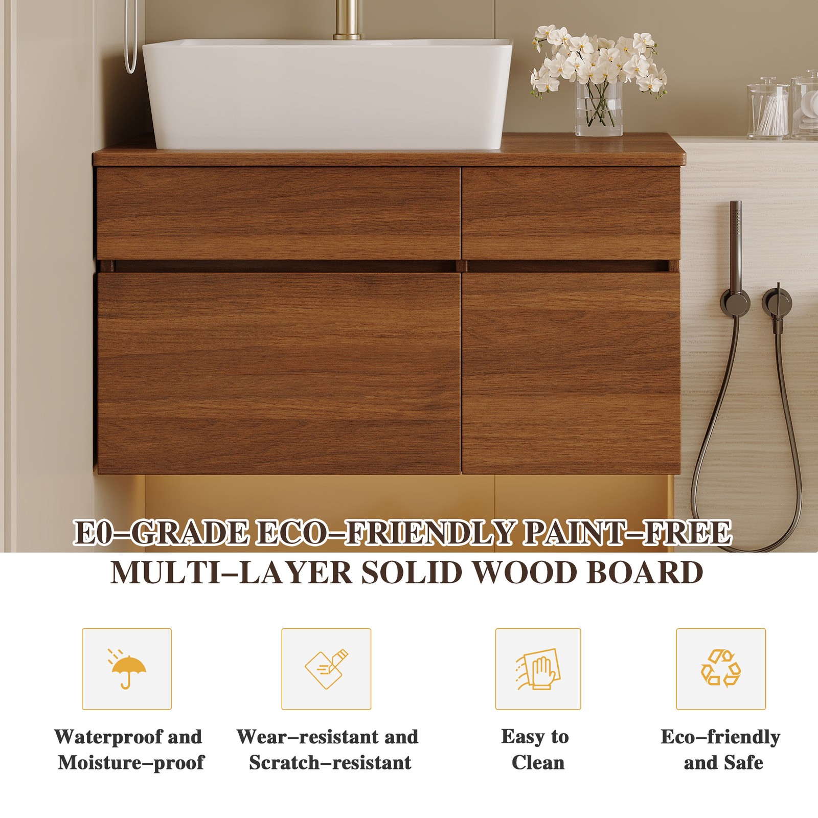 31.5In Plywood Walnut Floating Wall-Mounted Cabinet Vanity Ceramic Sink Bathroom