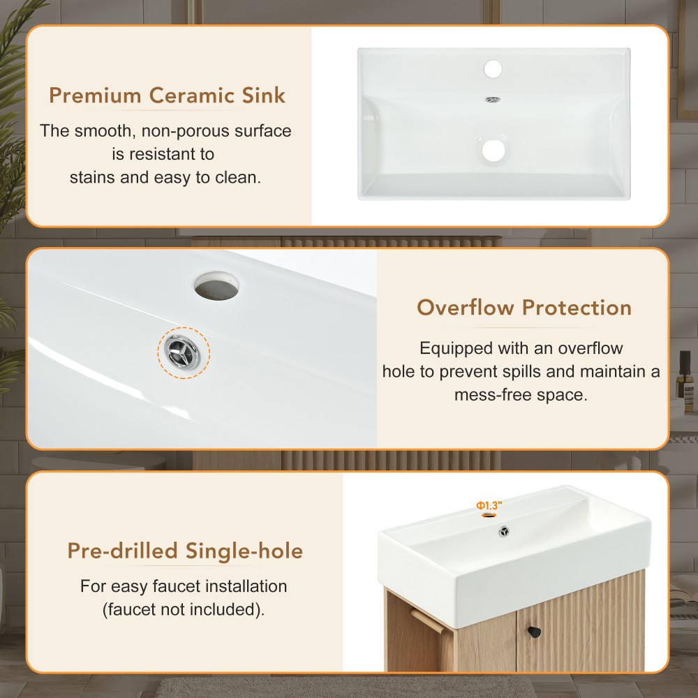 21.6″ Freestanding Bathroom Vanity w/Ceramic Sink, Wood Grain Cabinet,Storage