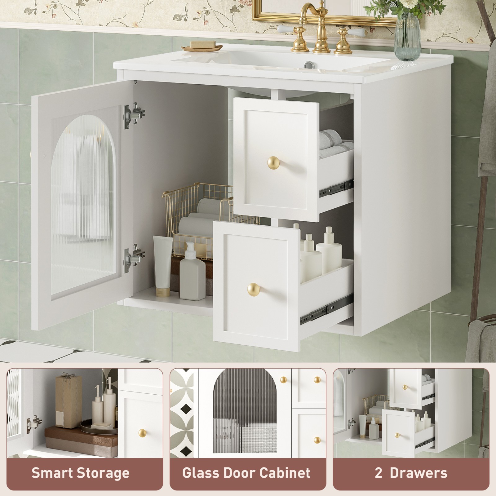 24″ Bathroom Vanity Set with Ceramic Sink Wall Mounted Bathroom Cabinet White