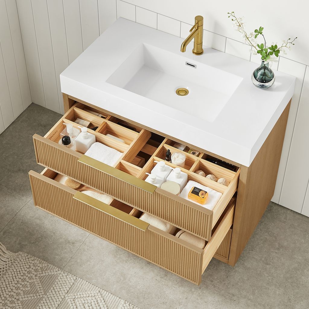 Hohhot 36″ Single Bath Vanity in Washed Ash Grey with White Stone Top