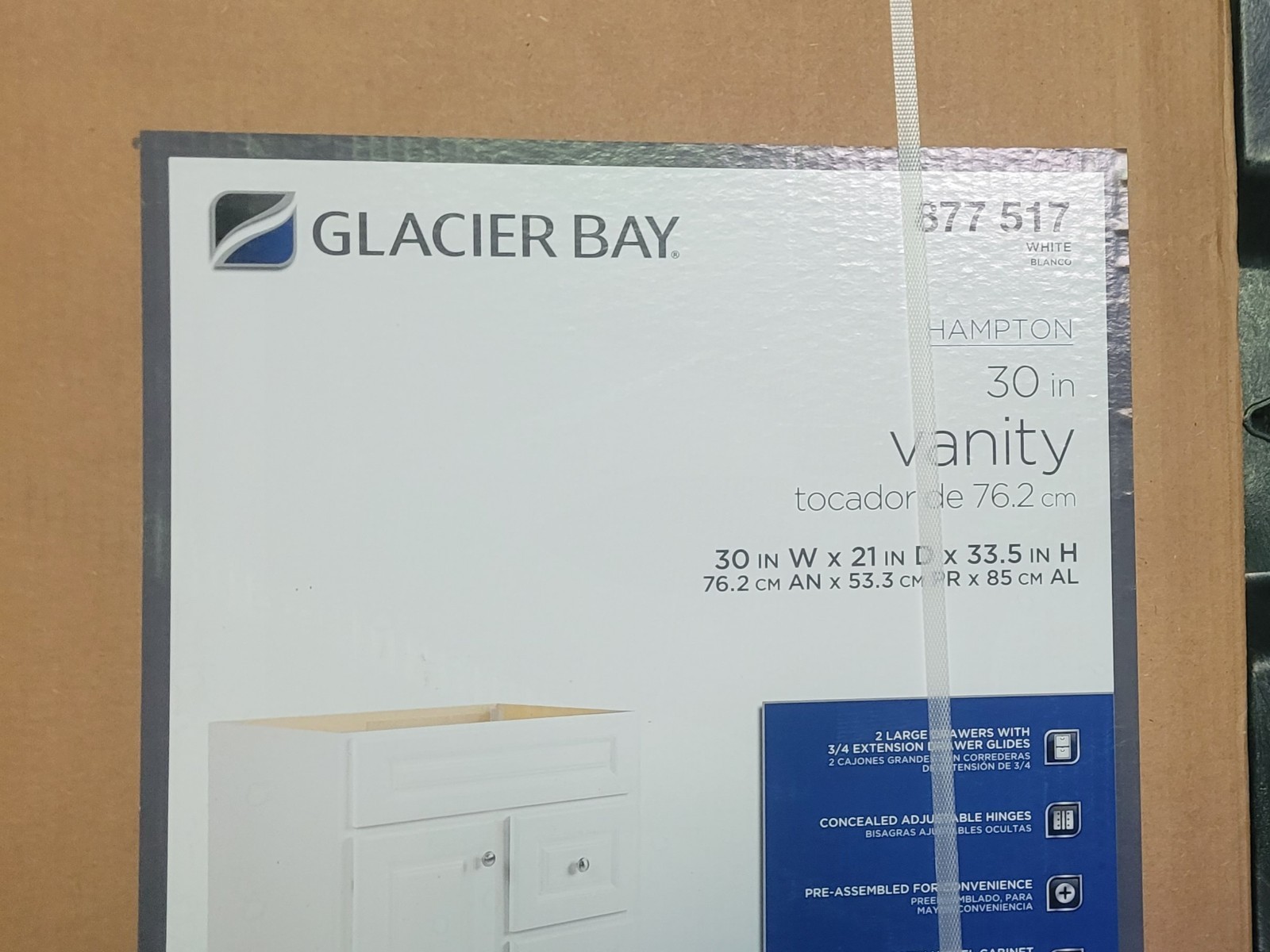 Glacier Bay White Hampton Vanity 877 517 30in W X 21in D X 33.5in H