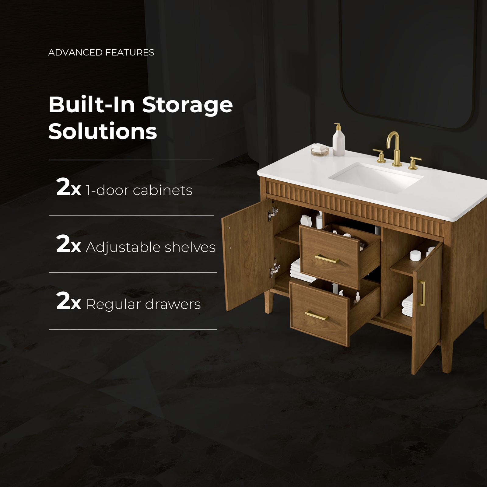 OVE Juliette 48 in. Warm Walnut Bathroom Vanity with White Quartz Brushed Gold