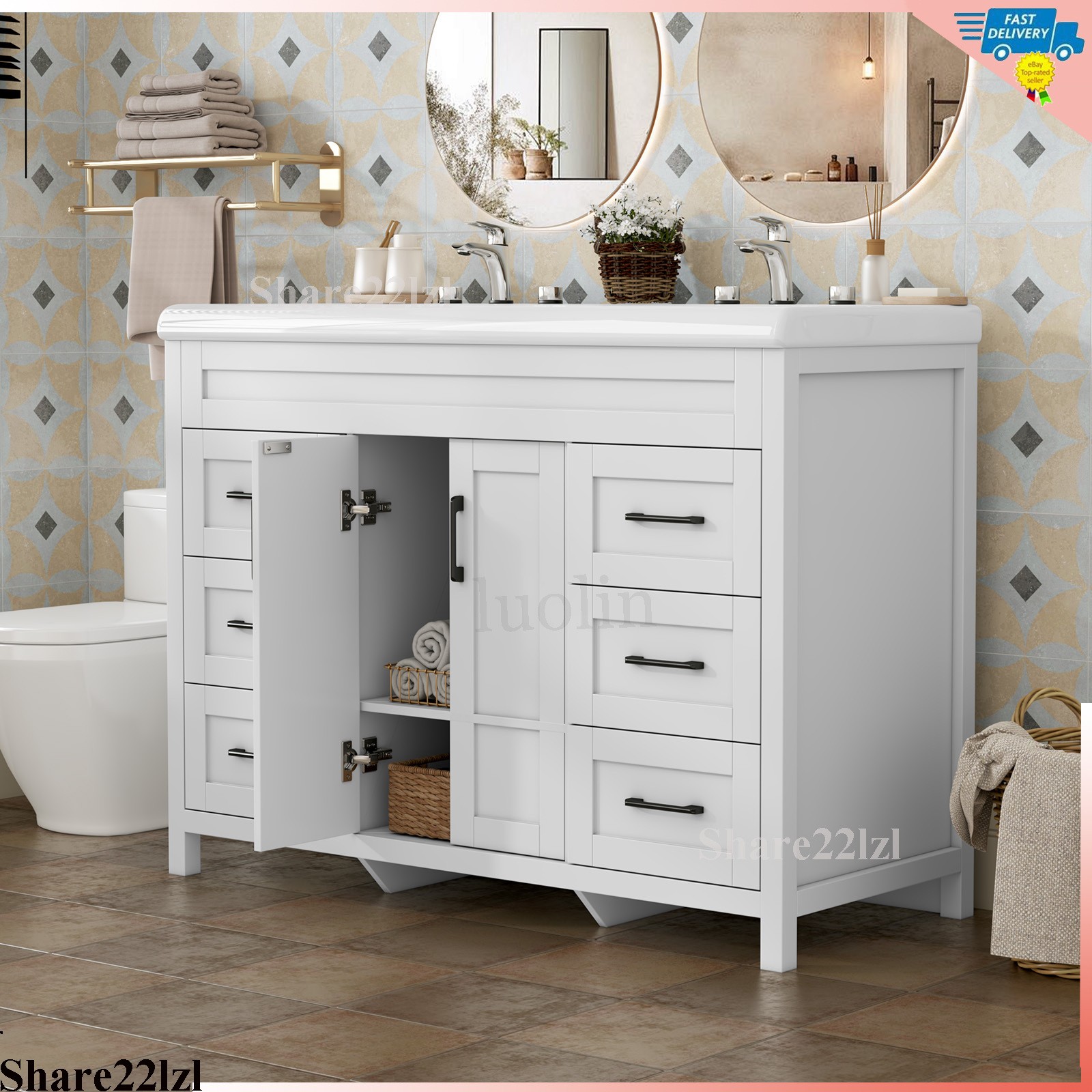 47″ Bathroom Vanity Cabinet White Freestanding Drawers with Double Sink Ceramic