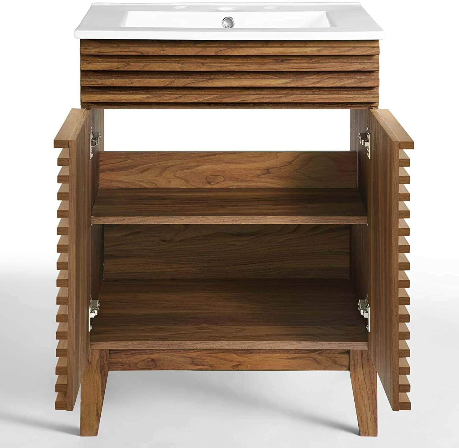 Mid-Century Modern Bathroom Vanity Walnut Grain Laminate Tapered Legs White Sink