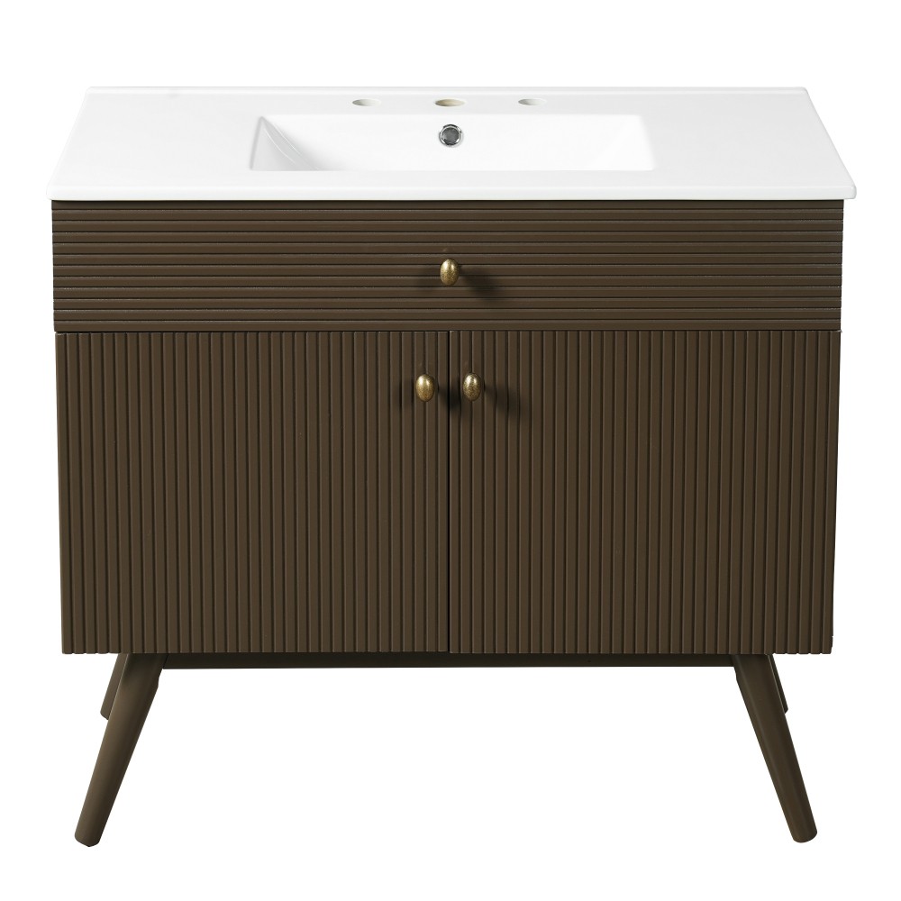36″ Striped Bathroom Vanity,Soft-Close Dual-Door Storage &Premium Ceramic Sink