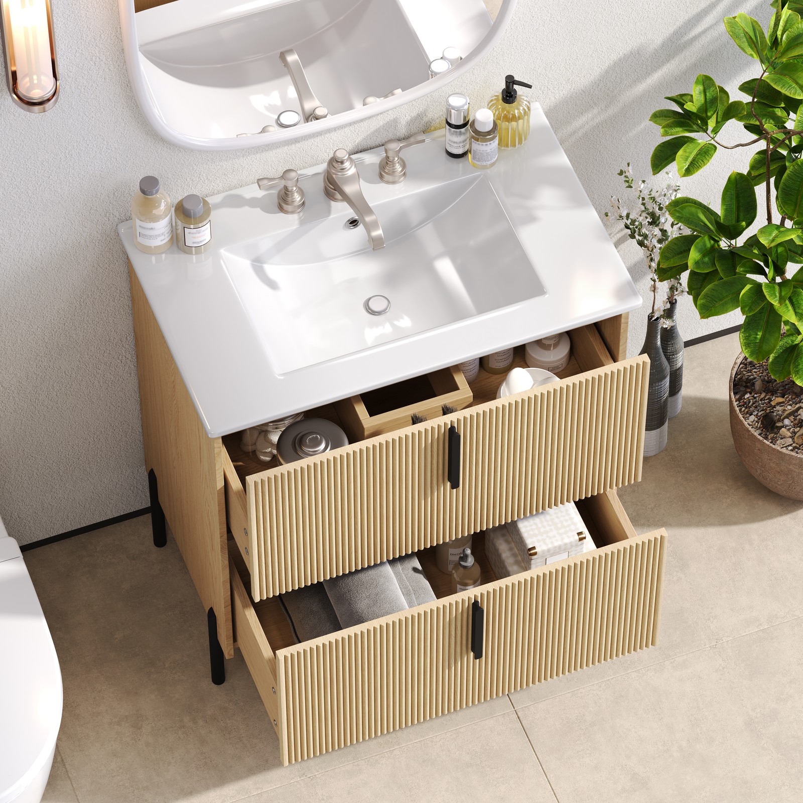 30″ Bathroom Vanity with Ceramic Sink, Soft Close Drawers, Fluted