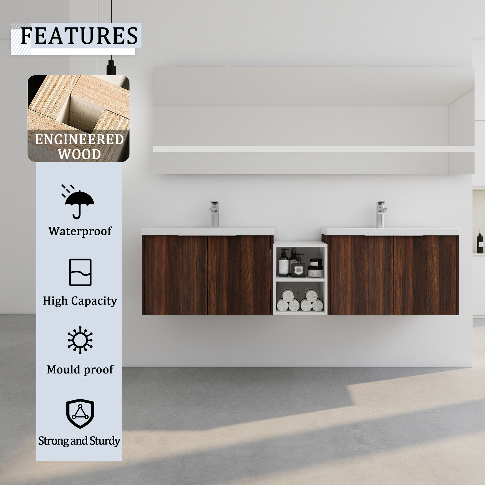 2X 30″ Bathroom Vanity Cabinet With Resin Sink +12″ Small Storage Shelves Walnut