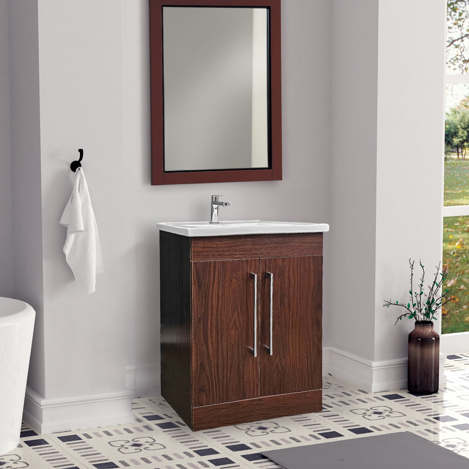 24″ W x 18″ D x 33″ H Oslo Deep Peach Wood Finish Vanity with Ceramic Vanity Top