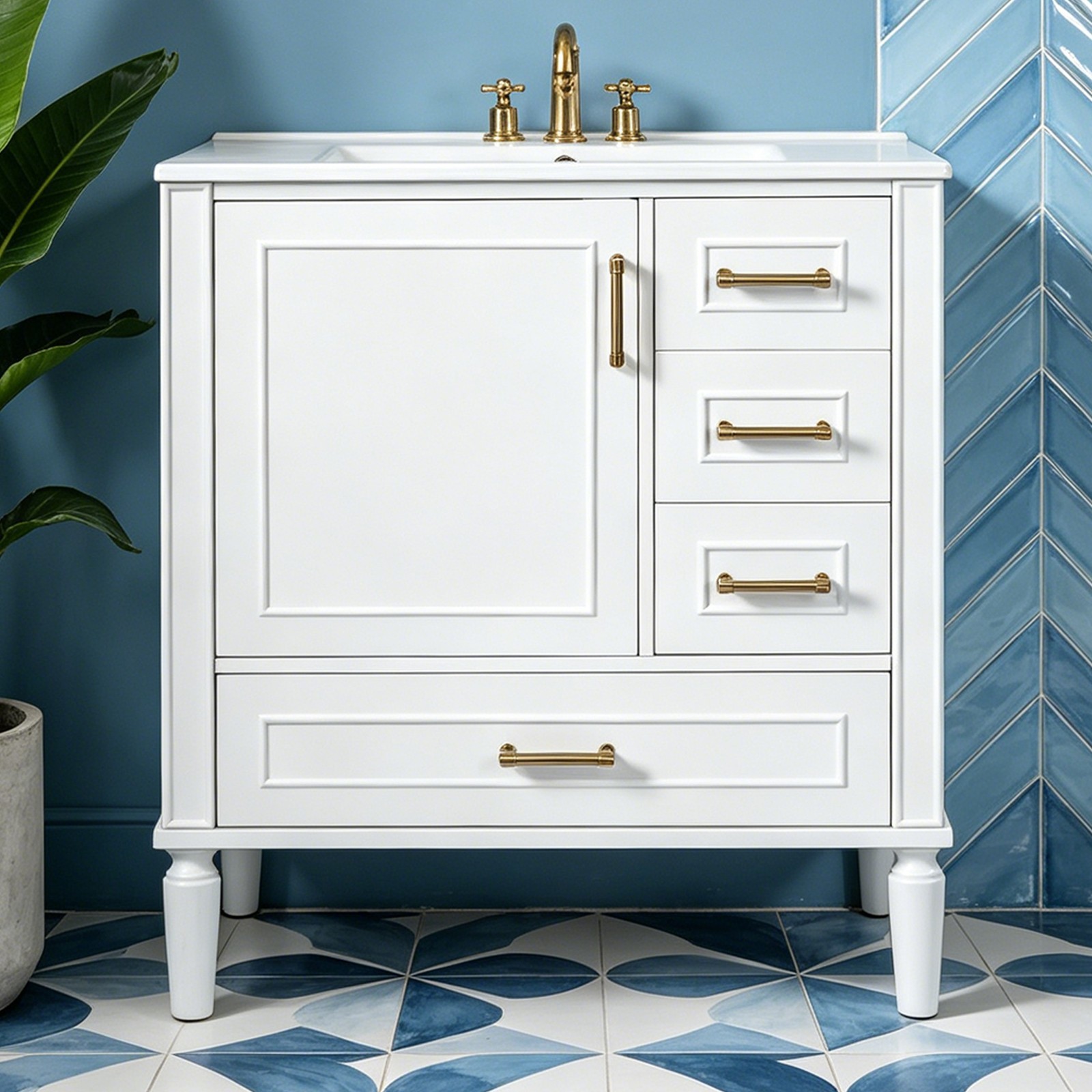 White 30″ Vanity Sink Floor Standing Vanity Cabinet for Bathroom Ceramic Basin