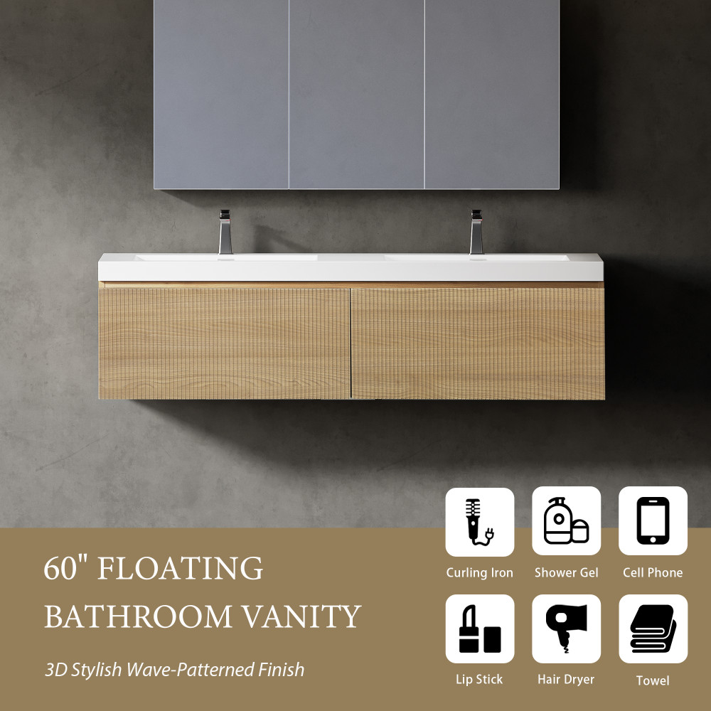 60 Floating Vanity with Sink, Soft Close Drawers, Oak Finish, Assembled