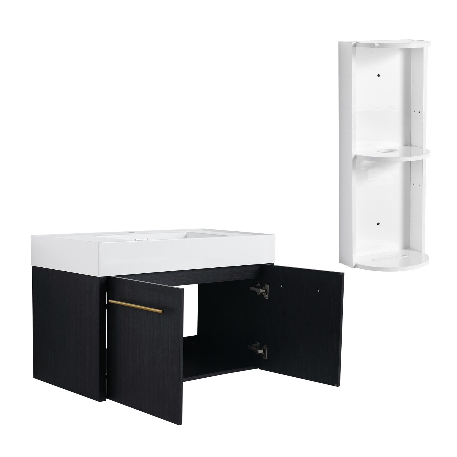 36 Inch Plywood Wall-Mounted Bathroom Vanity with Resin Sink + Side Storage Rack