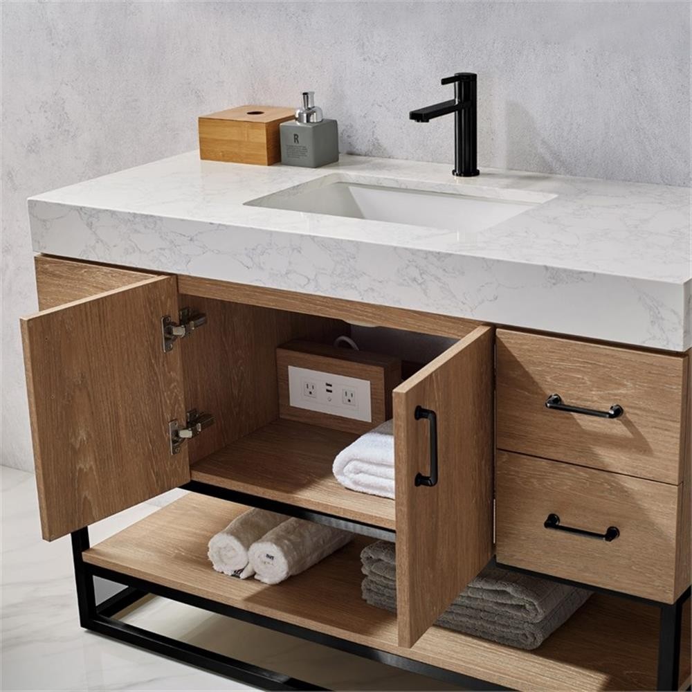 Pemberly Row 48″ White Stone Top Oak Single Vanity Black Frame w/o Mirror