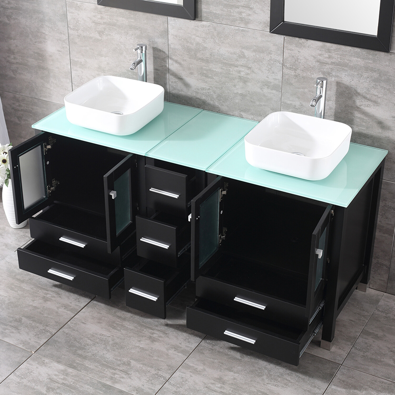 Bathroom Vanity 60″ Cabinet Double Sink Ceramic Vessel Combo w/Mirror Faucet Set
