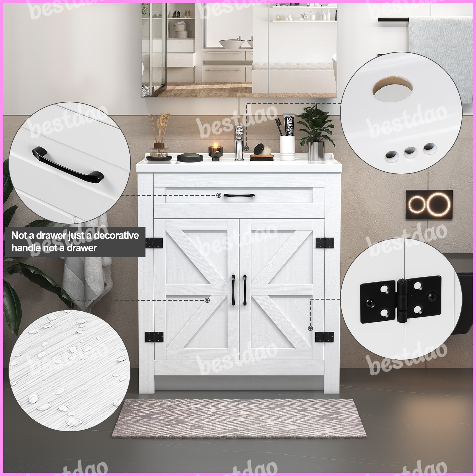 White 31″ Modern Bathroom Vanity w/ Ceramic Sink Storage Cabinet w/ 2 Doors