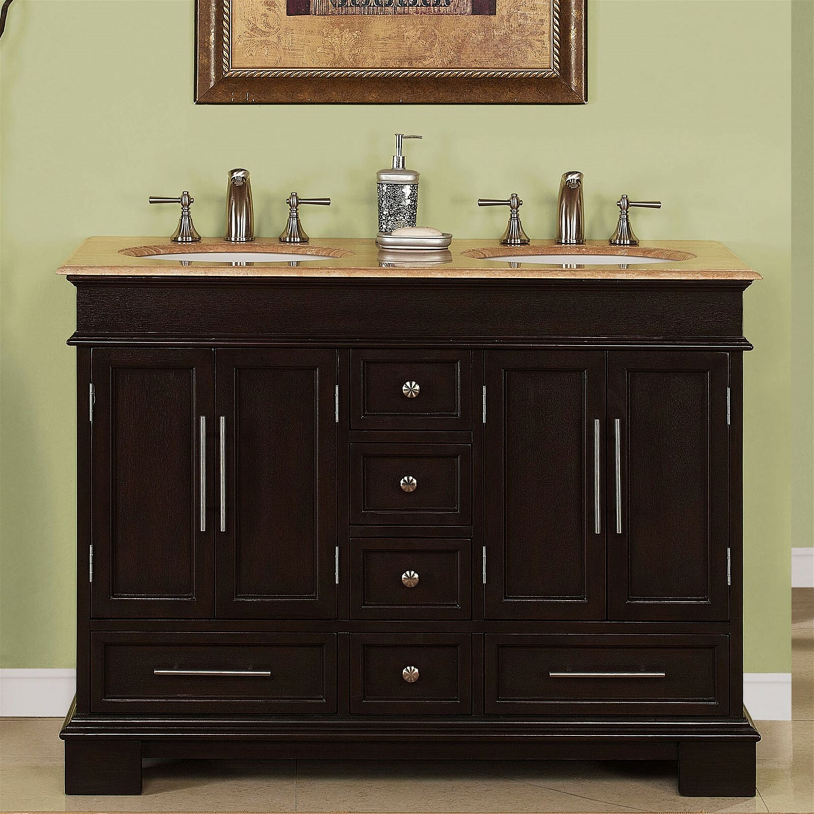 48-inch Compact Double Sink Travertine Stone Top Bathroom Vanity Cabinet 0224TR