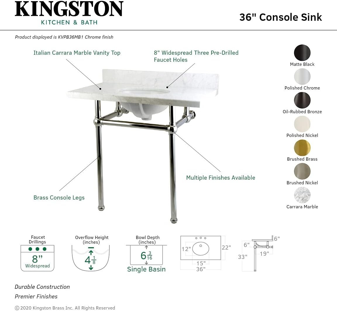 Kingston Brass KVPB36MB0 Templeton Console Sink, Carrara Marble/Matte Black